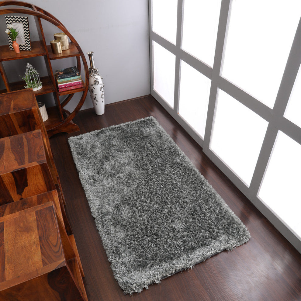 HAND TUFTED SHAG POLYESTER ECO-FRIENDLY AREA RUGS, Silver Color, Solid Design
