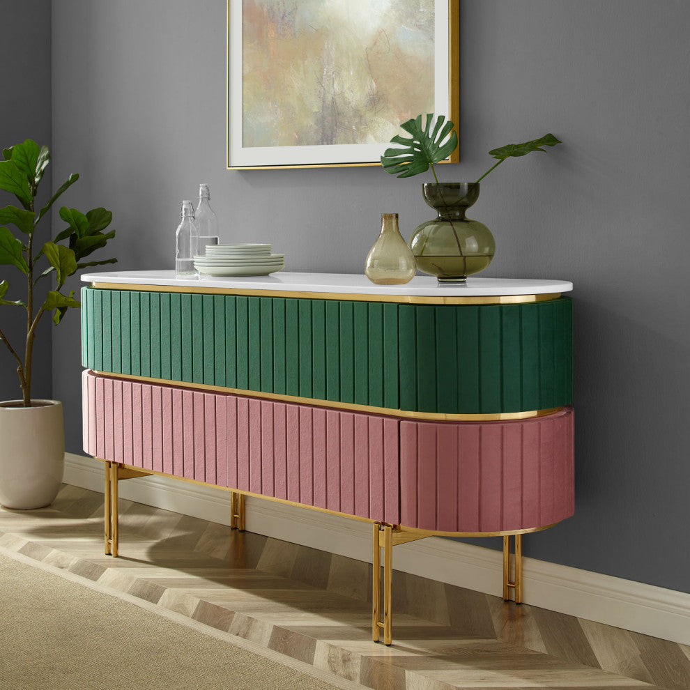 Console Entry Table Sideboard, Green White, Velvet, Modern, Mid Century Lounge
