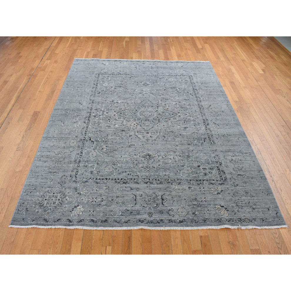 Gray Silk With Wool Erased Broken Persian Design Hand Knotted Rug 8'3"x10'1"