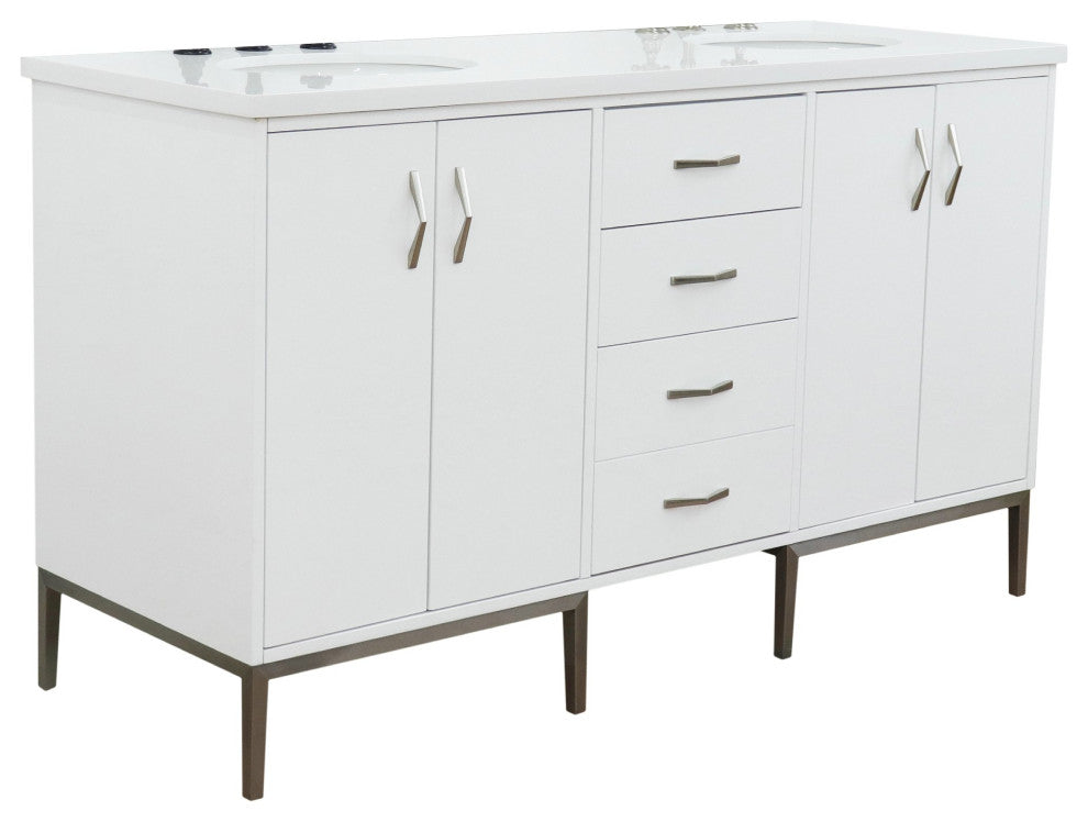 61" Double Sink Vanity, White Finish With Engineered Stone Top And Oval Sink