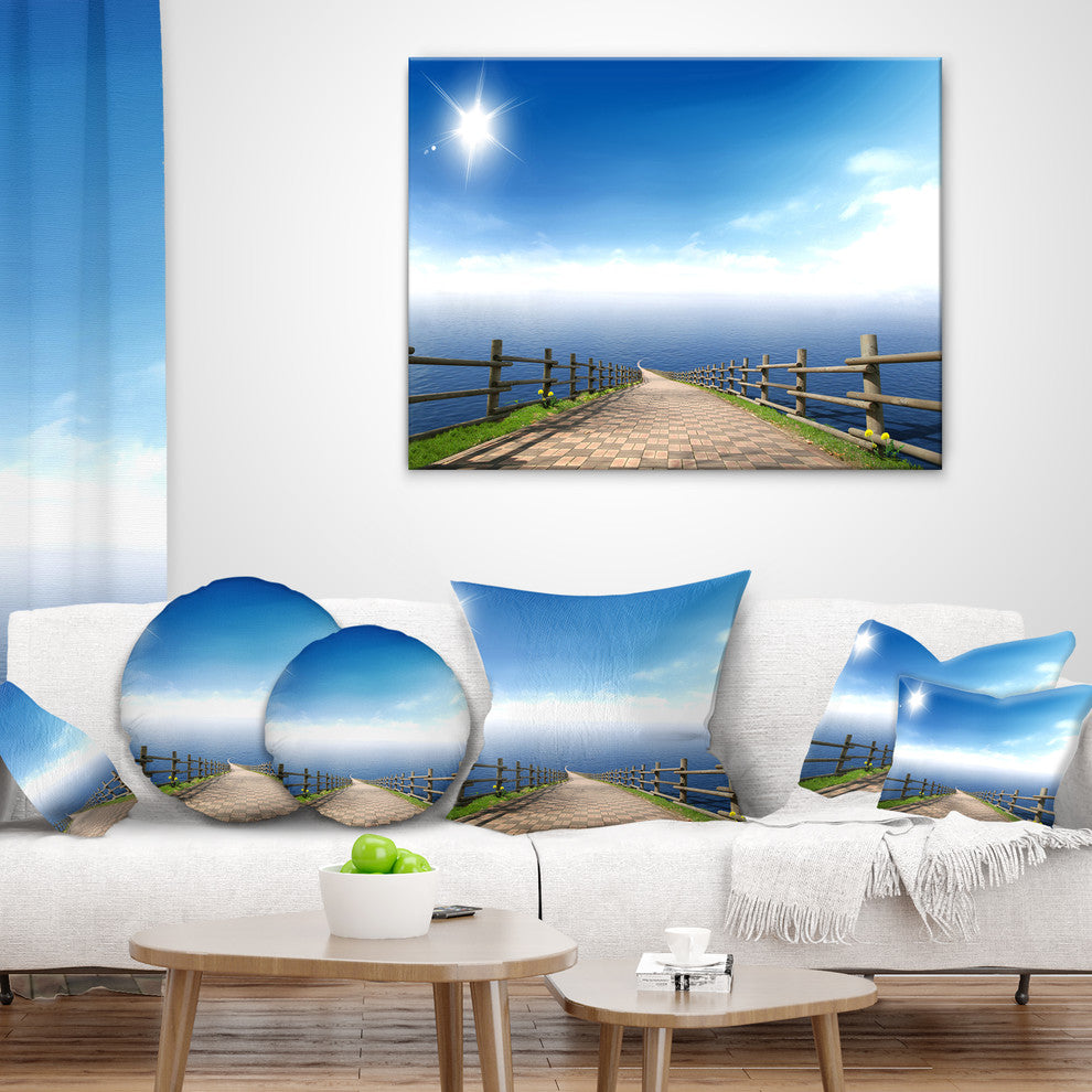 Endless Pier into Blue Sea Seascape Photography Throw Pillow, 18"x18"