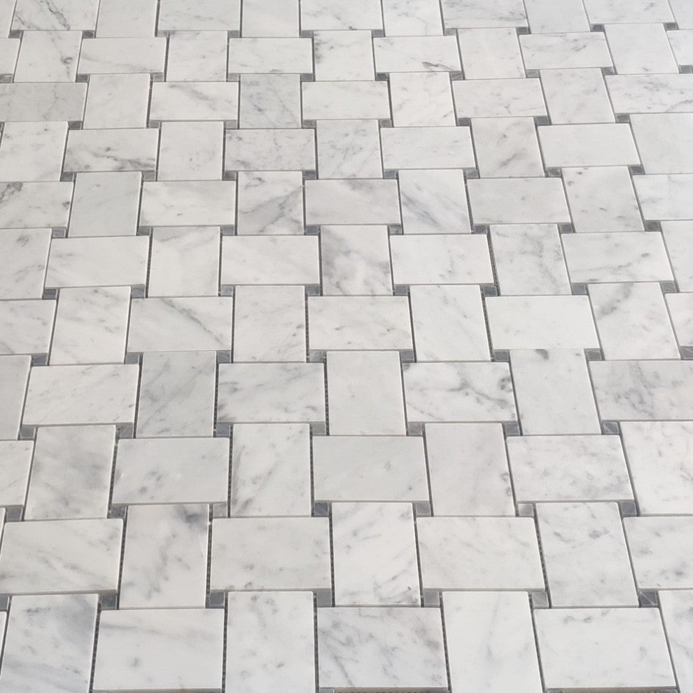 Carrara White Marble Large Basketweave Tile Bardiglio Gray Dots Polish, 1 sheet