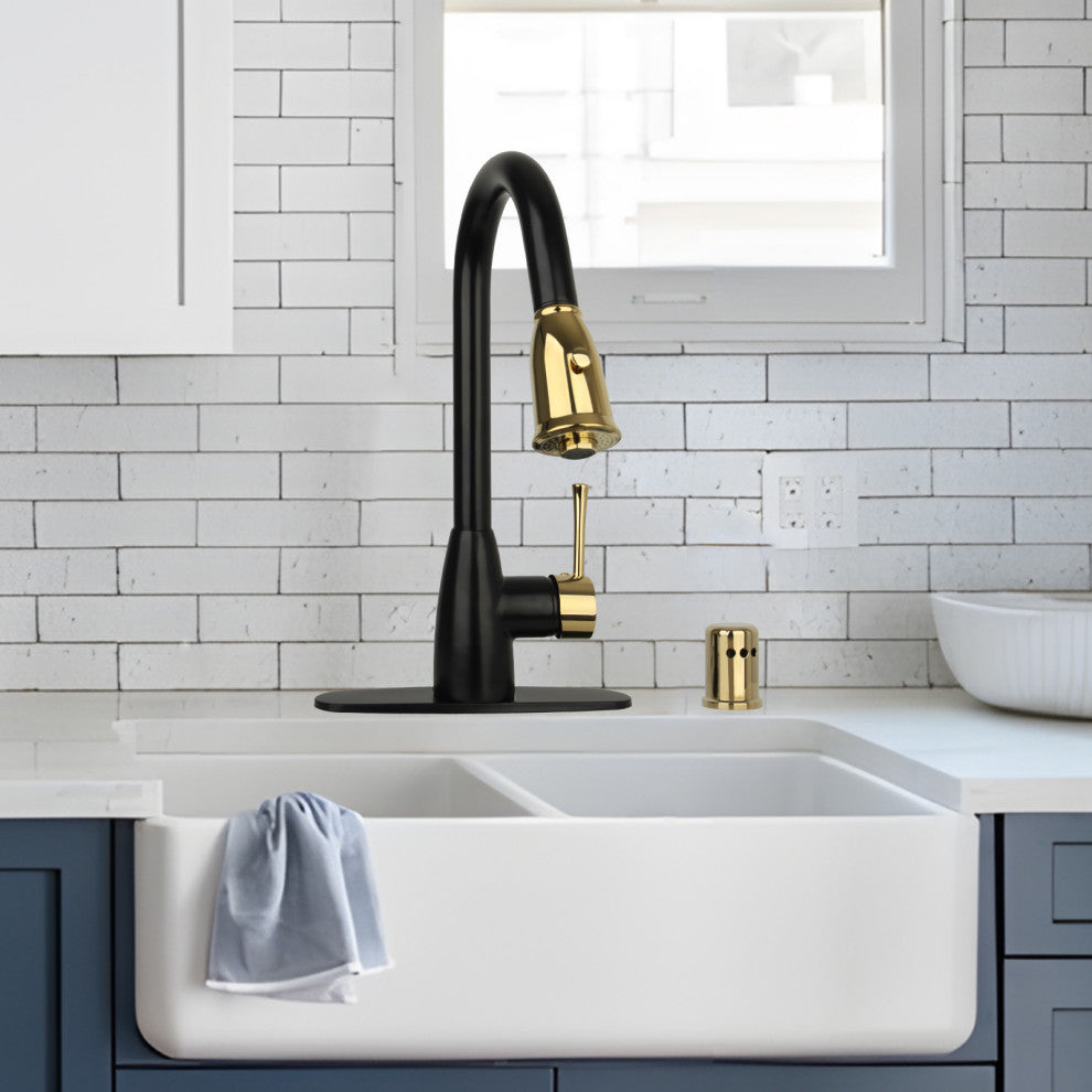 Pull Down Kitchen Faucet With Deck Plate, Two-Tone Matte Black and Gold