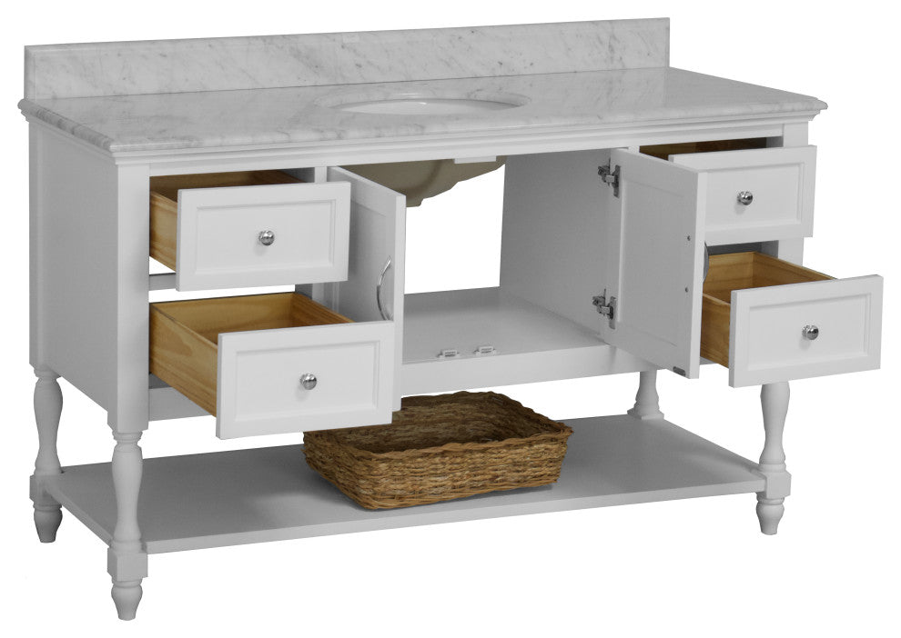 Beverly 60" Bath Vanity, White, Carrara Marble, Single Vanity