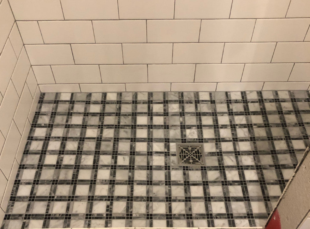 Carrara White Black Gray Marble Plaid Tartan Wall Floor Tile Matte, 1 sheet