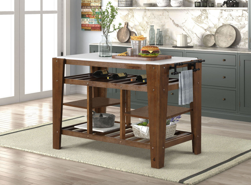 Alaroa Kitchen Island, Marble Top and Rustic Brown Finish