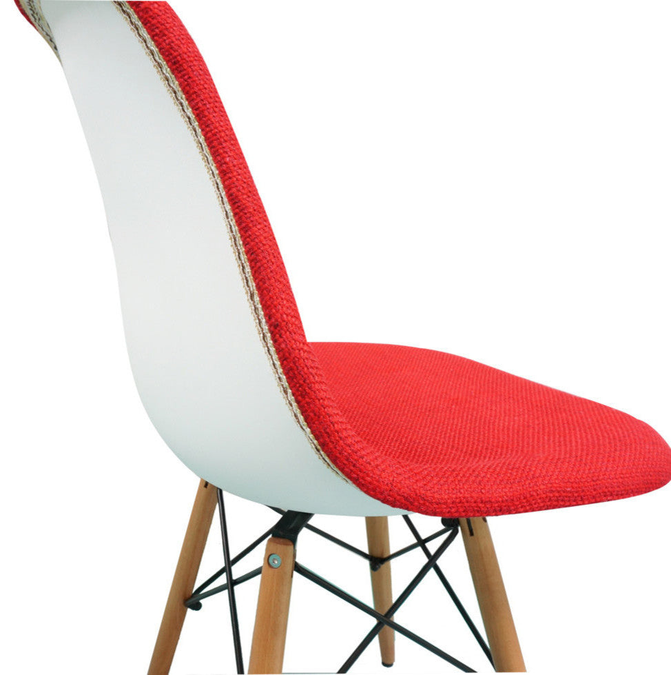 Red Fabric Upholstered DSW Mid Century Shell Chair, Wood Eiffel Legs