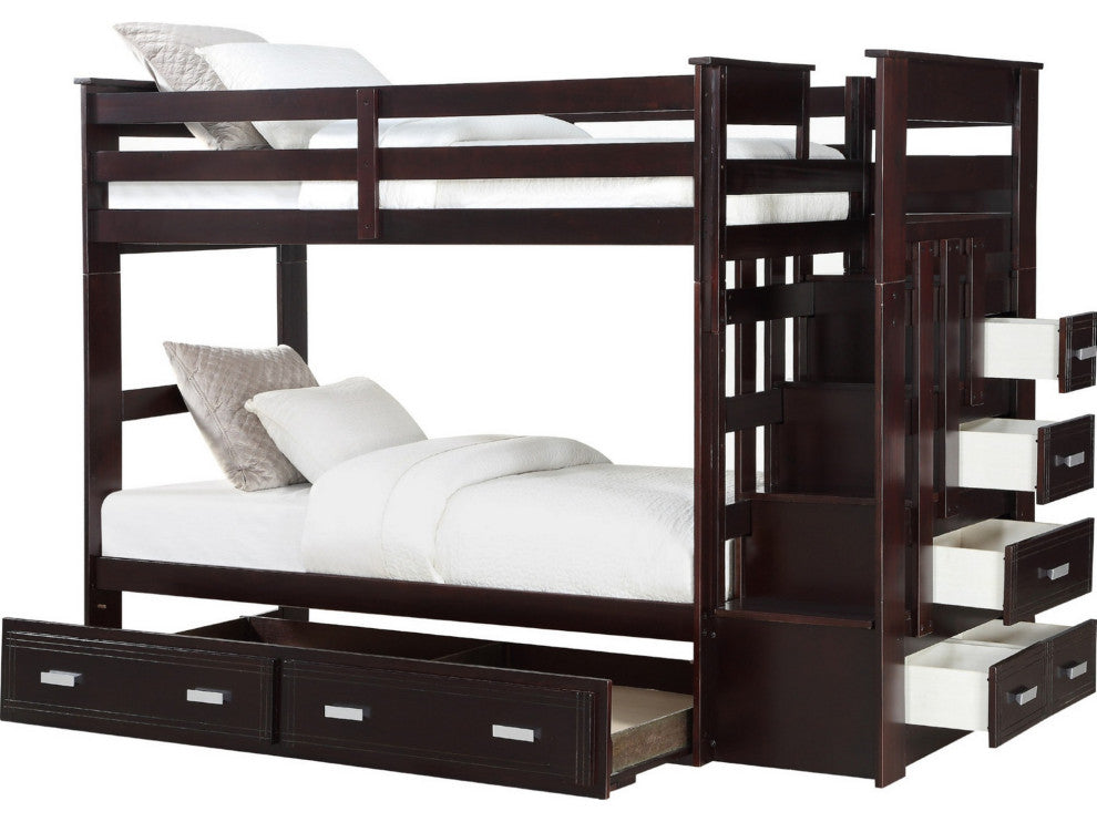 Benzara BM284016 Classic Wood Twin Bunk Bed With Trundle, Storage Ladder, Brown