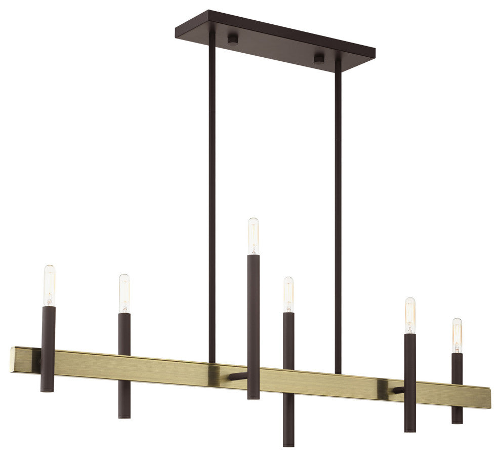 Livex Lighting Denmark 6 Light Bronze, Antique Brass Accents Linear Chandelier