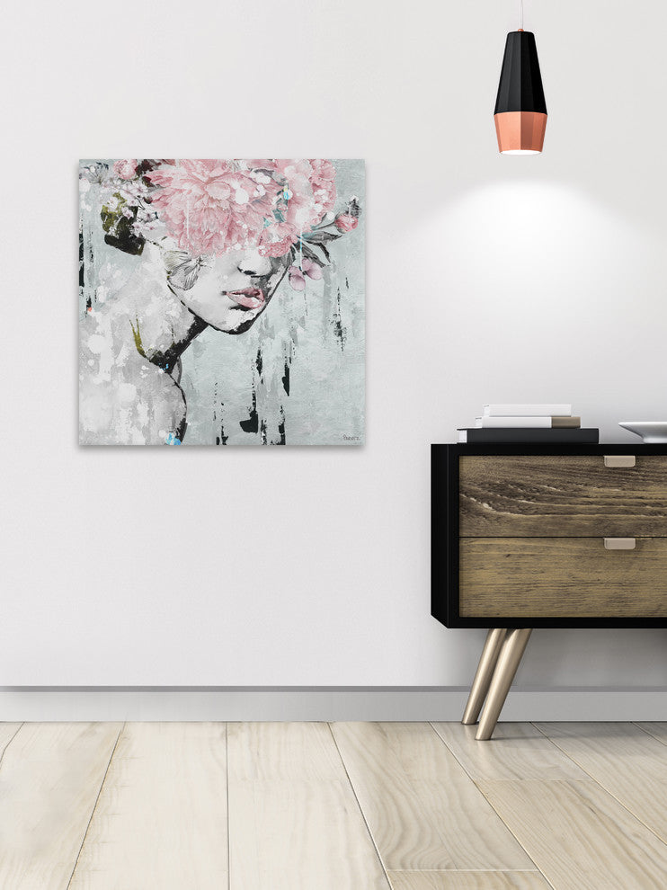 "Pink Flower Bloom" Painting Print on Wrapped Canvas, 18"x18"