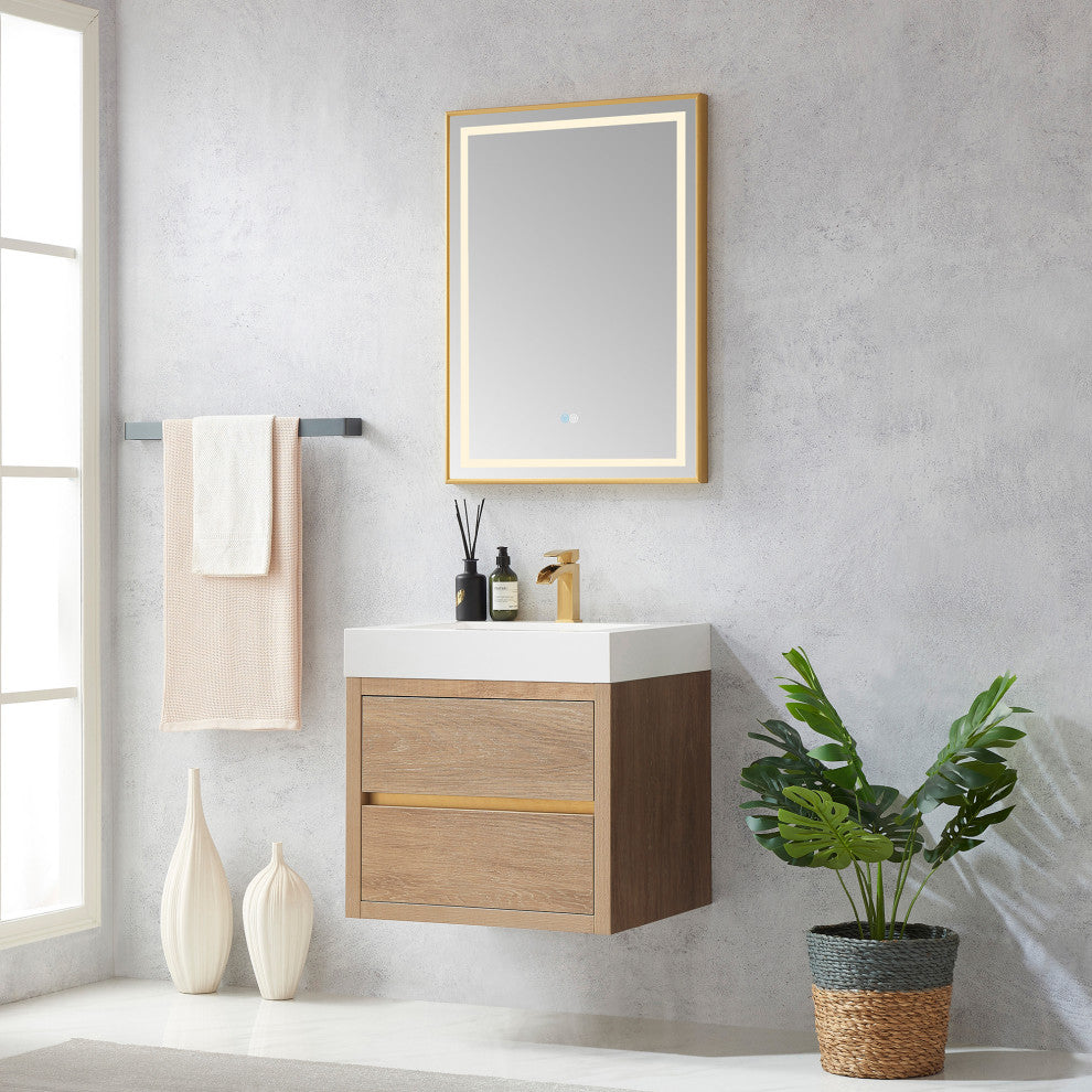 Palencia Floating Bath Vanity With Composite Stone Top, North American Oak, 24", No Mirror