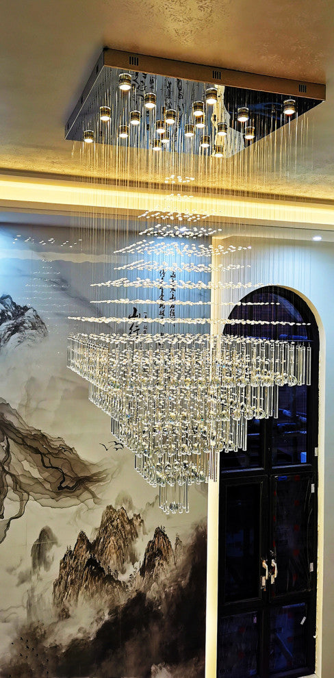 Tourrette-Levens | Modern Crystal LED Ceiling Chandelier with Square Base, 20 Lights, Warm Light