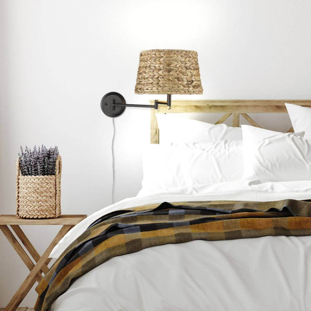 13" Tall Articulating Wall Sconce, Matte Black, Woven Sweet Grass