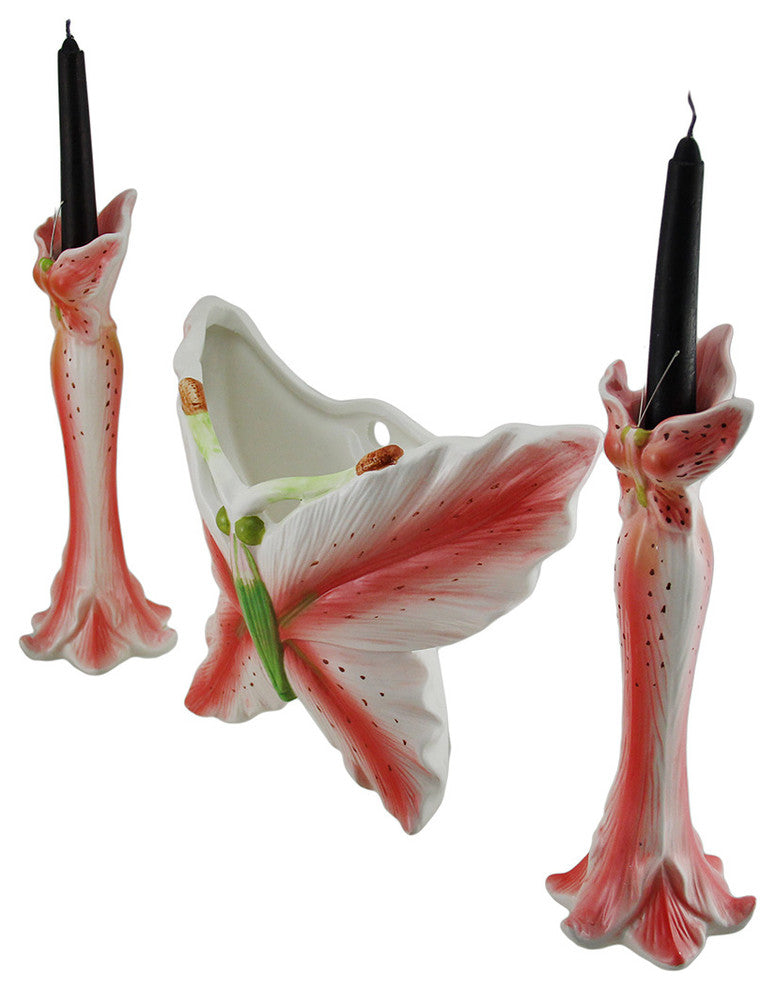 3 Pc. Pink Tiger Lily Flower Candle Holder and Butterfly Vase Set