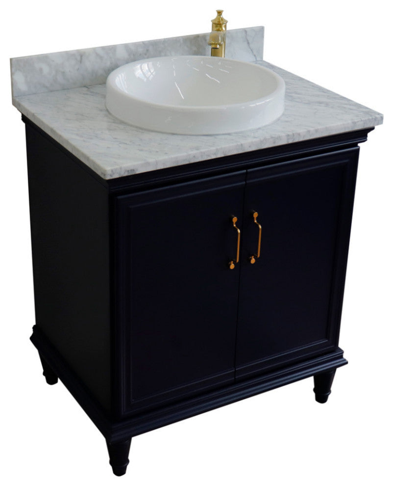 31" Single Vanity, Blue Finish With White Carrara And Round Sink