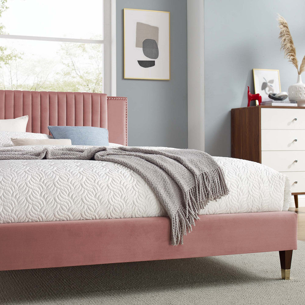 Zahra Channel Tufted Performance Velvet Full Platform Bed, Dusty Rose