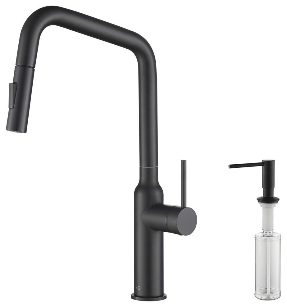 Macon Single Handle Pull Down Kitchen Faucet, Matte Black, W/ Soap Dispenser