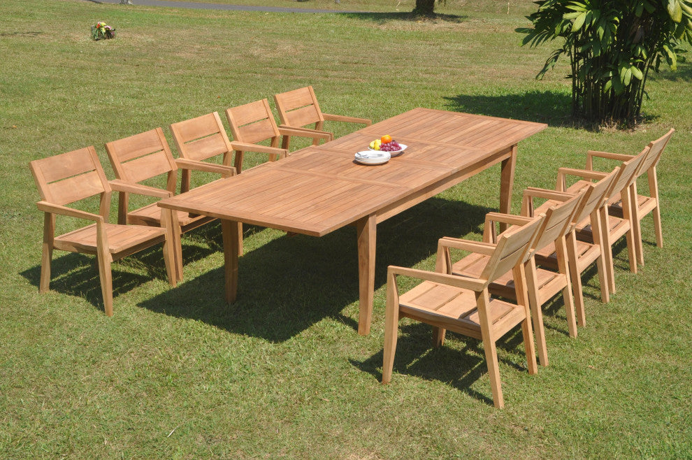 11-Piece Outdoor Teak Dining 122" X-Large Rectangle Table 10 Celo Stacking Chair