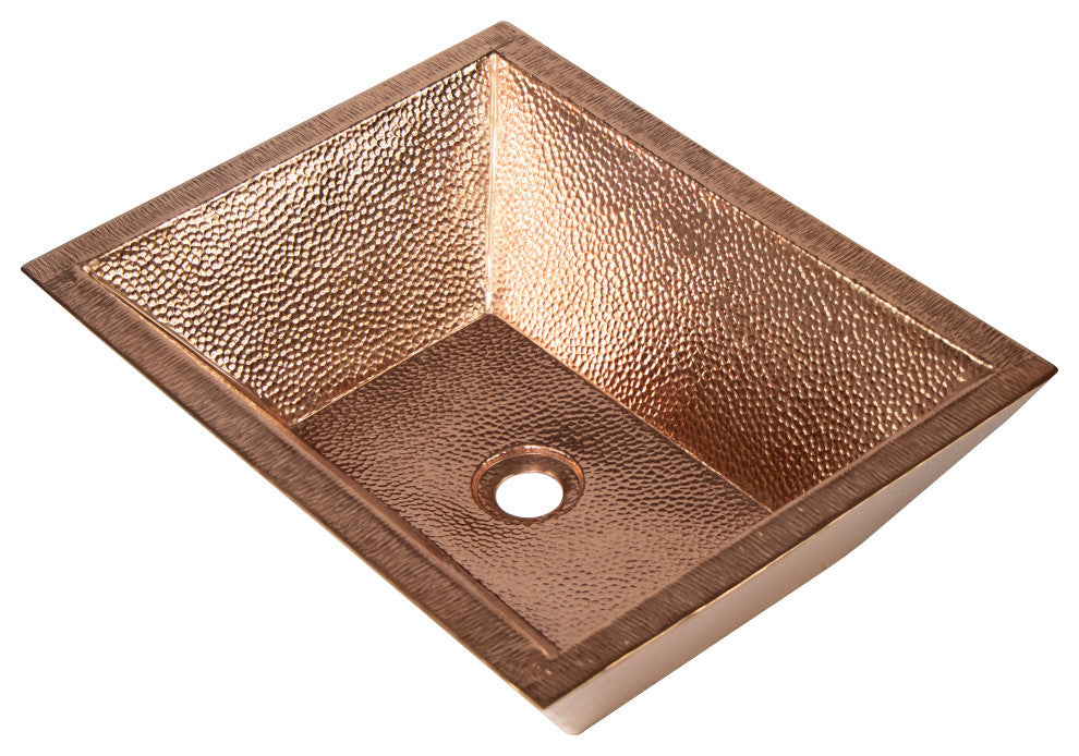 18" Rectangular Vessel Double Wall Hammered Copper Bathroom Sink, 17 Gauge
