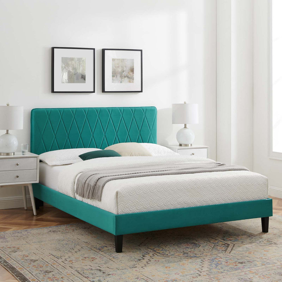 Platform Bed Frame, King Size, Velvet, Teal Blue, Modern Contemporary, Bedroom