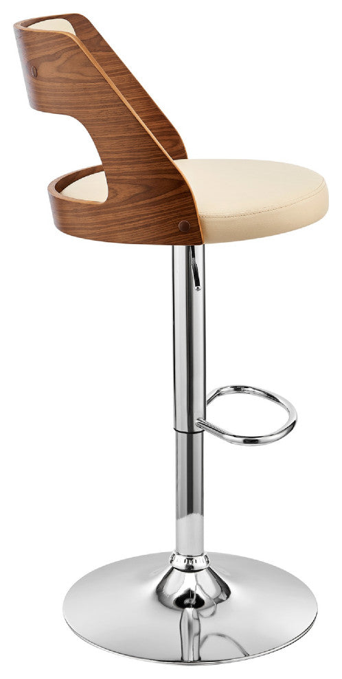 Adjustable Barstool with Open Wooden Back, Cream and Brown