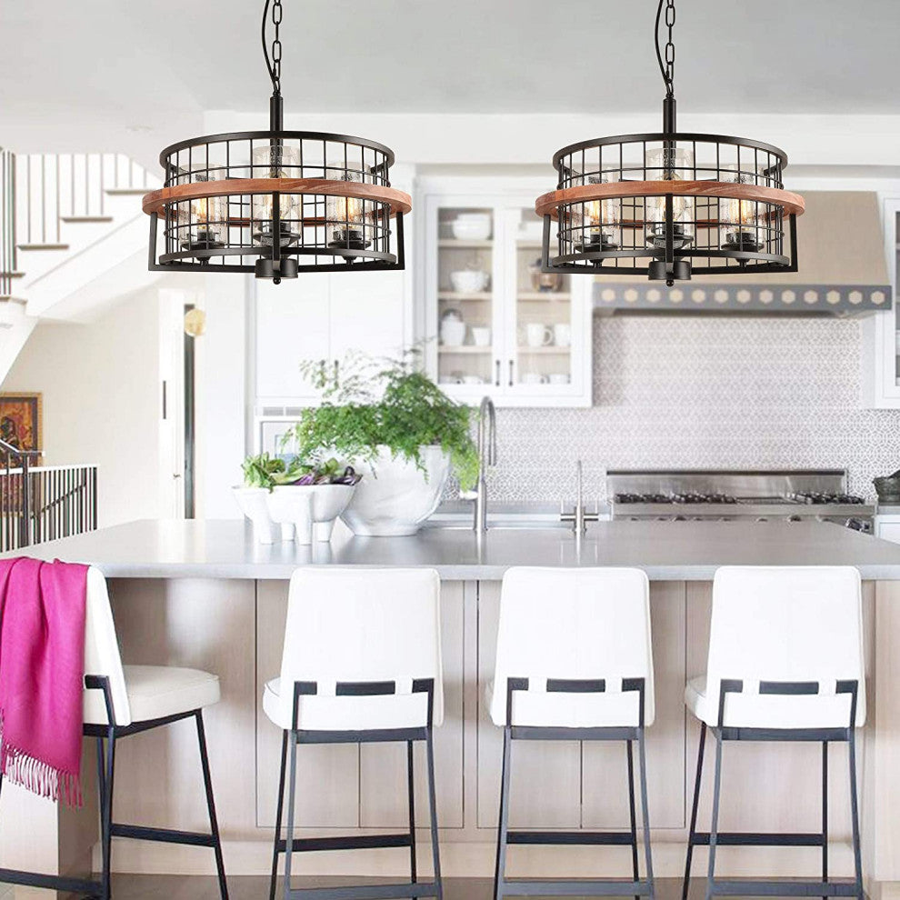 4 Light Industrial Chandelier Rust Drum Black Hanging Pendant