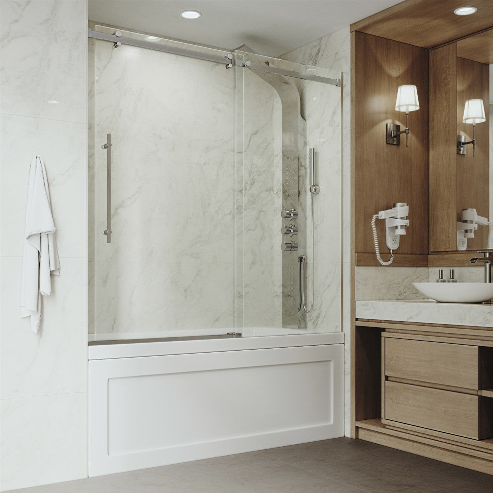 VIGO Luca 56" to 60" W x 58" H Frameless Sliding Tub Door, Chrome, Clear Glass