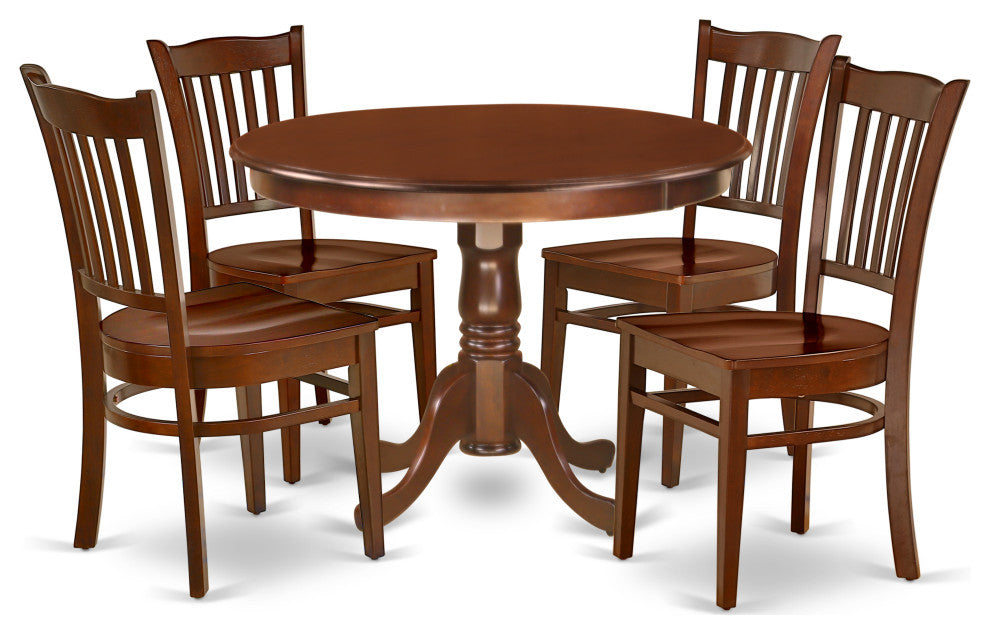 5Pc Round 42"Dinner Table And Four Wood Seat Chairs