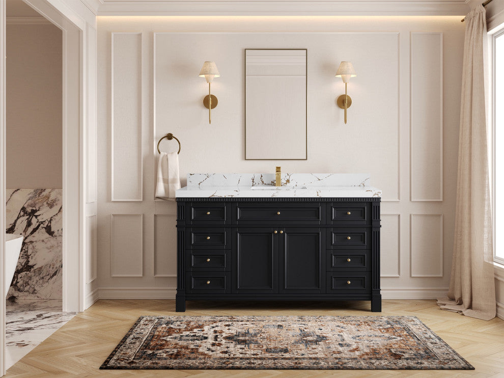 Paris 60" Single Sink Bathroom Vanity, Black 2" Viola Brown