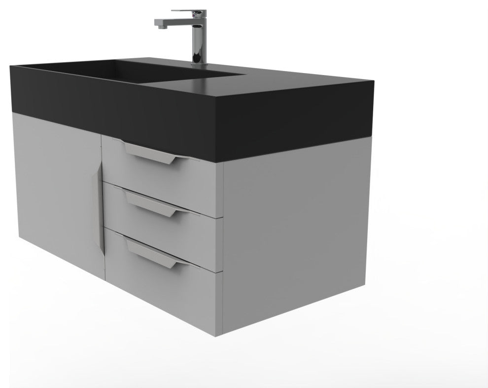 CastelloUSA Amazon 36" Wall Mount Vanity Set, Gray, Black Top, Chrome Handles