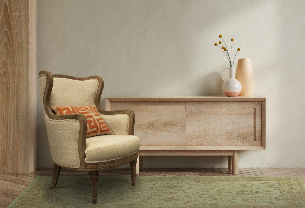 Dan Lounge Arm Chair with Exposed Wood Trim and Frame in Natural Linen Fabric