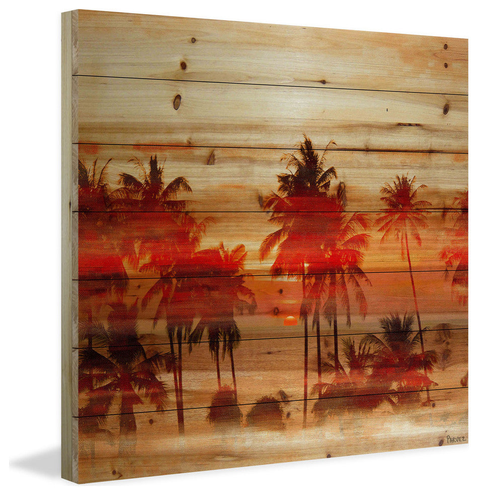 "Crimson Palms" Print on Natural Pine Wood, 32"x32"