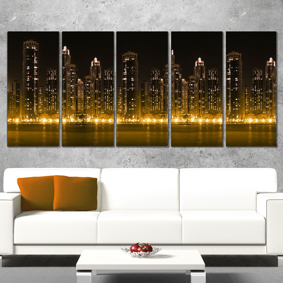 "Modern City With Illuminated Skyscrapers" Wall Art, 60"x28", 5-Panels