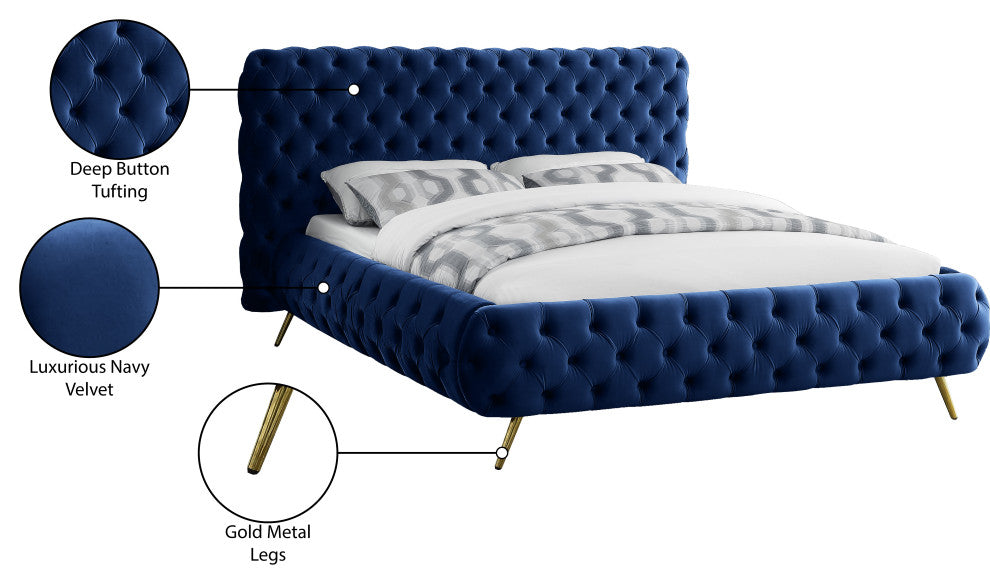 Delano Velvet Upholstered Bed, Navy, King