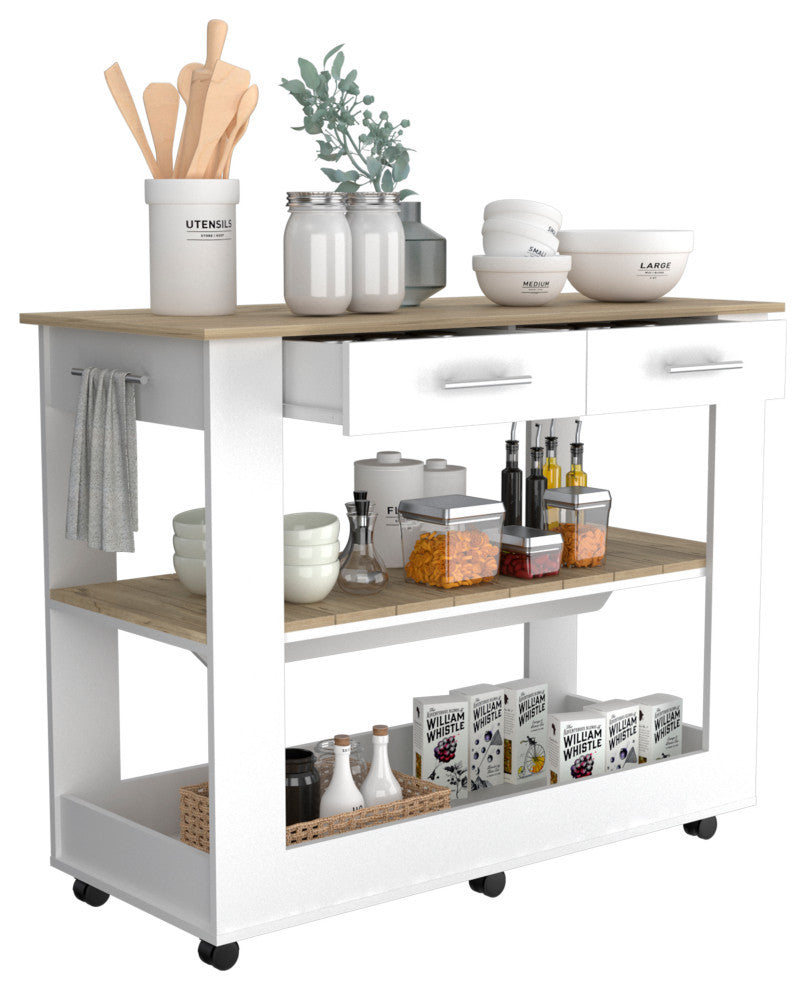 Brooklyn 80 Light Oak Accented Kitchen Island, with shelves and drawers - White