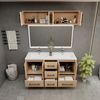 Victoria 60" Solid Wood Vanity Double Sink, Overhead Cabinet, Yellow Oak