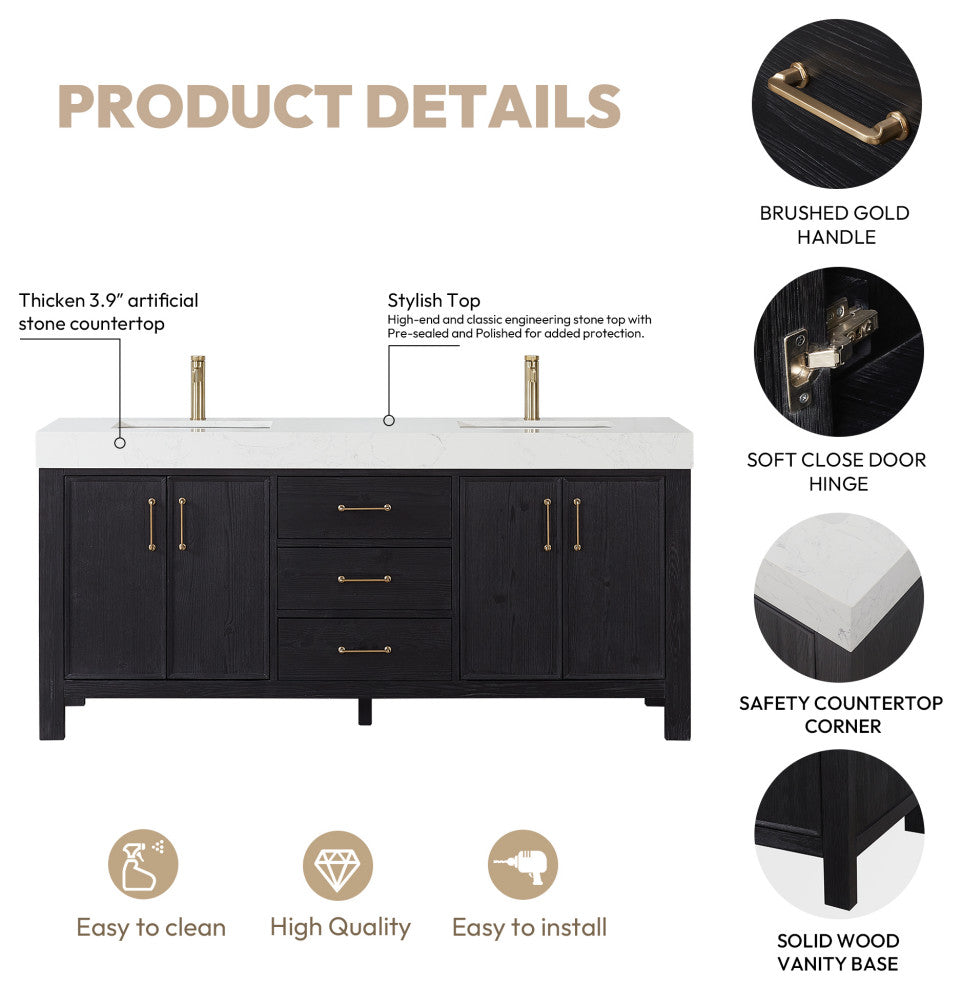 Leon Bath Vanity With Composite Stone Top, Fir Wood Black, 72", With Mirror