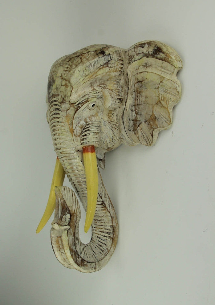Off-White Hand Carved Wood Elephant Head Wall Hanging 20 inch