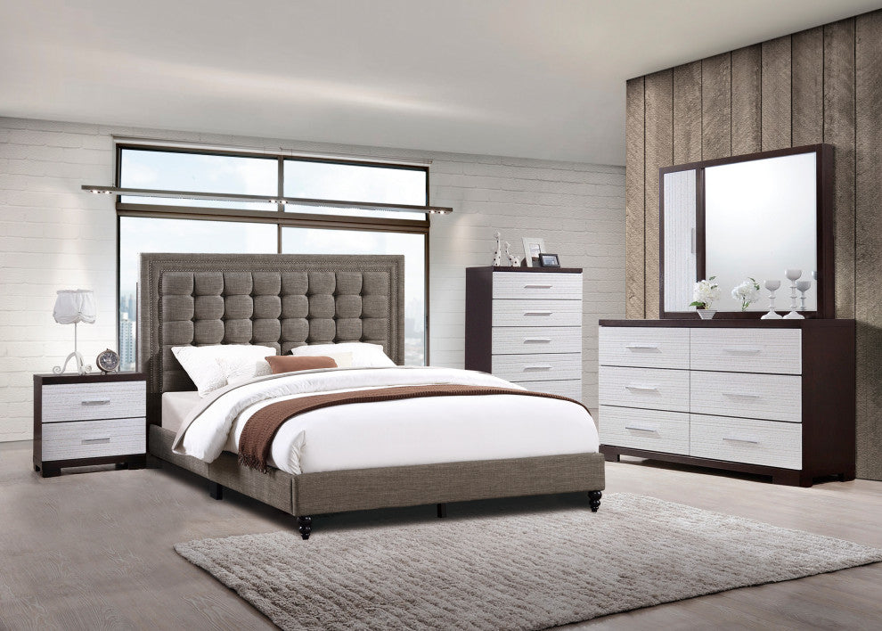 Fabric Upholstered Bed With Button Tufted Headboard, Brown, Full