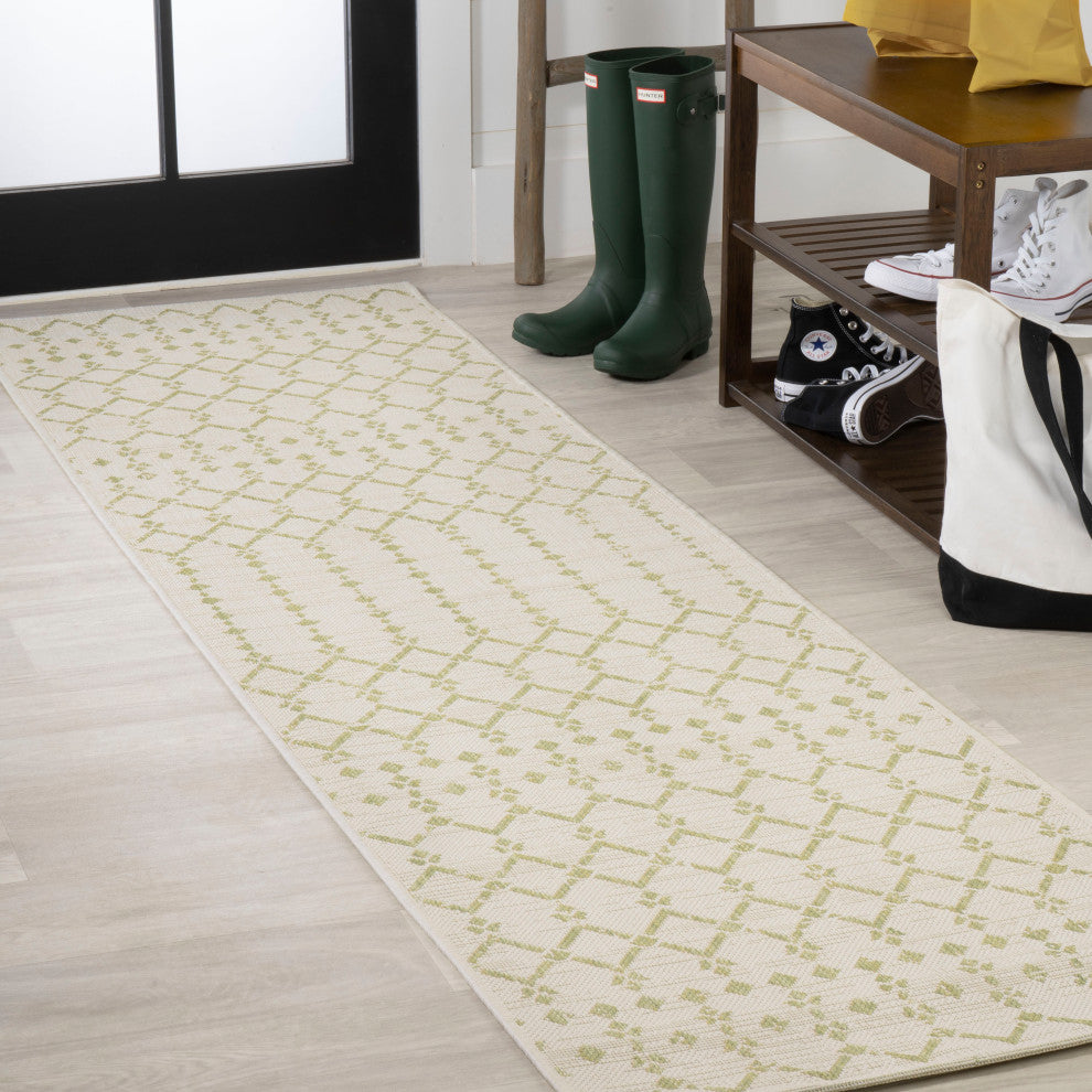 Ourika Moroccan Geometric Indoor/Outdoor Rug, Cream/Green, 2x10