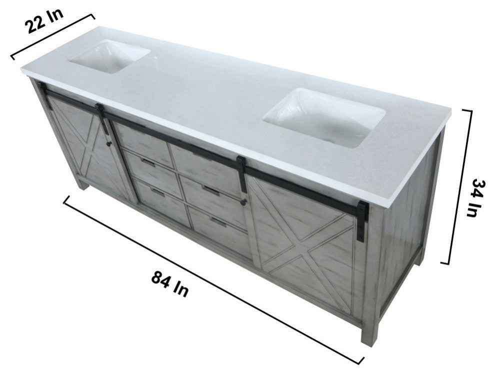 Marsyas 84" Ash Gray Double Vanity Cabinet Quartz Top Sinks, 34" Wall Mirrors