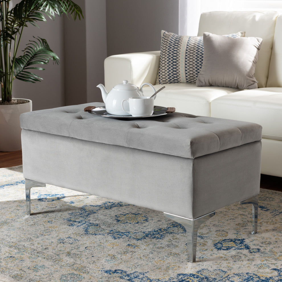 Jennafyr Contemporary Velvet Storage Ottoman, Gray