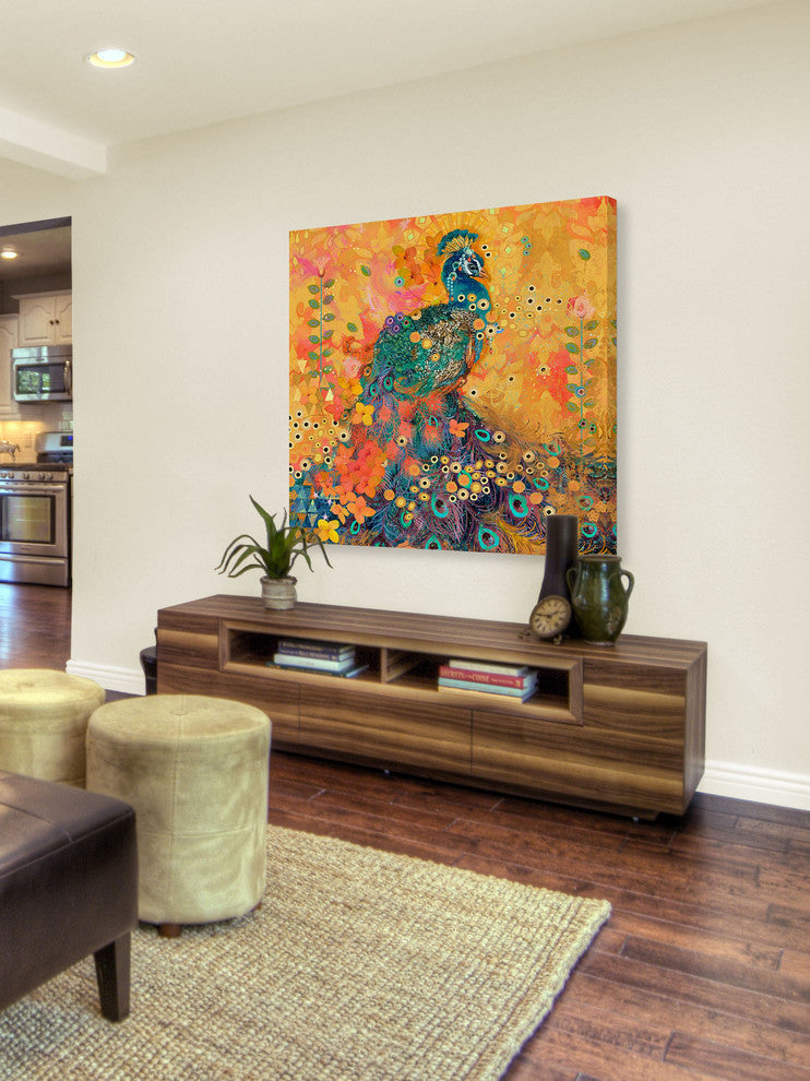 "Africkarma Peacock" Canvas Print by Evelia, 100x100 cm