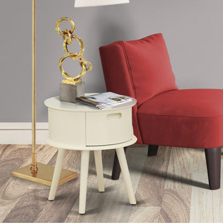 Gordon Round Night Stand End Table With Drawer, White Finish