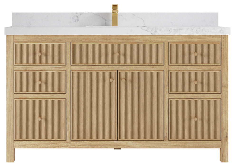 Sonoma 60 Single Bathroom Vanity in Light Natural Teak with 2" Calacatta Nuvo