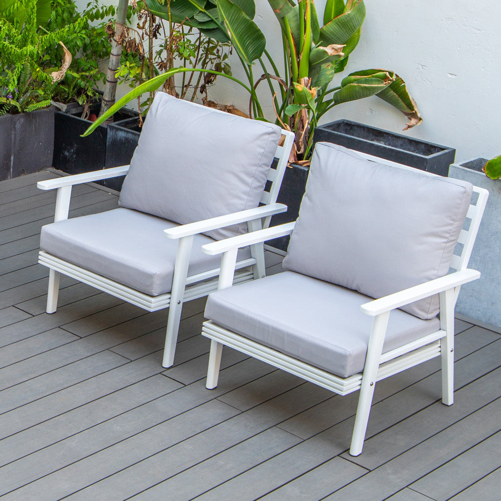 LeisureMod Walbrooke White Patio Armchairs with Cushions Set of 2, Light Gray