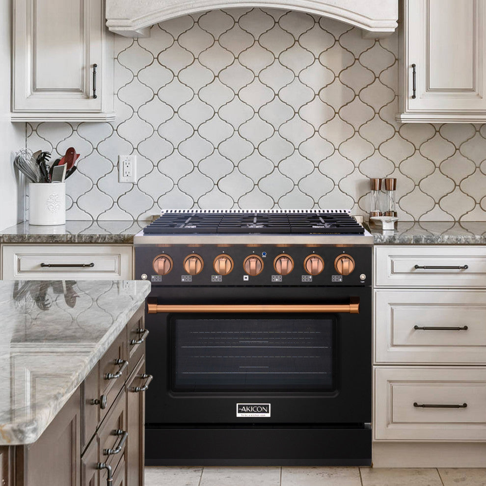 36" Slide-in Freestanding Gas Range & 5.2 Cu. Ft. Oven, 6 Burners. Matte Black, Matte Black & Copper