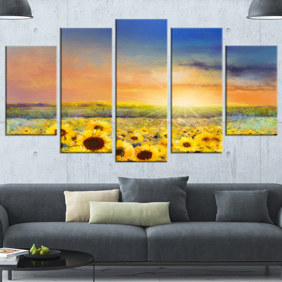 Sunset over Golden Sunflower Field, Floral Canvas Art Print, 60"x32", 5 Panels
