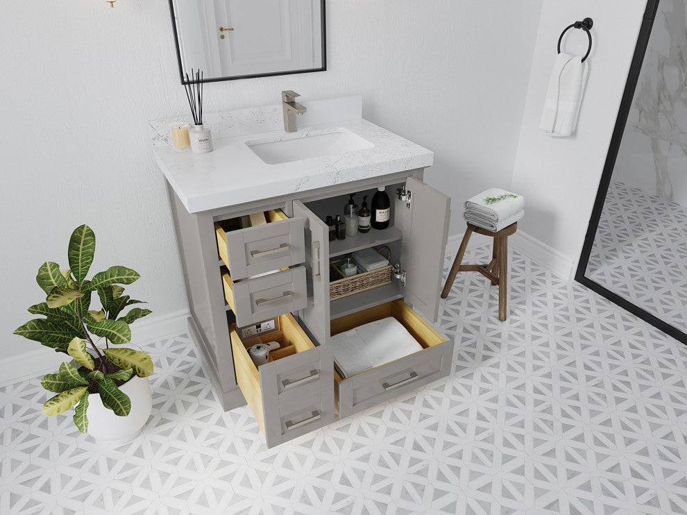 Boston 36 Right Offset Bath Vanity in Elephant Skin Gray 2" Calacatta Laza