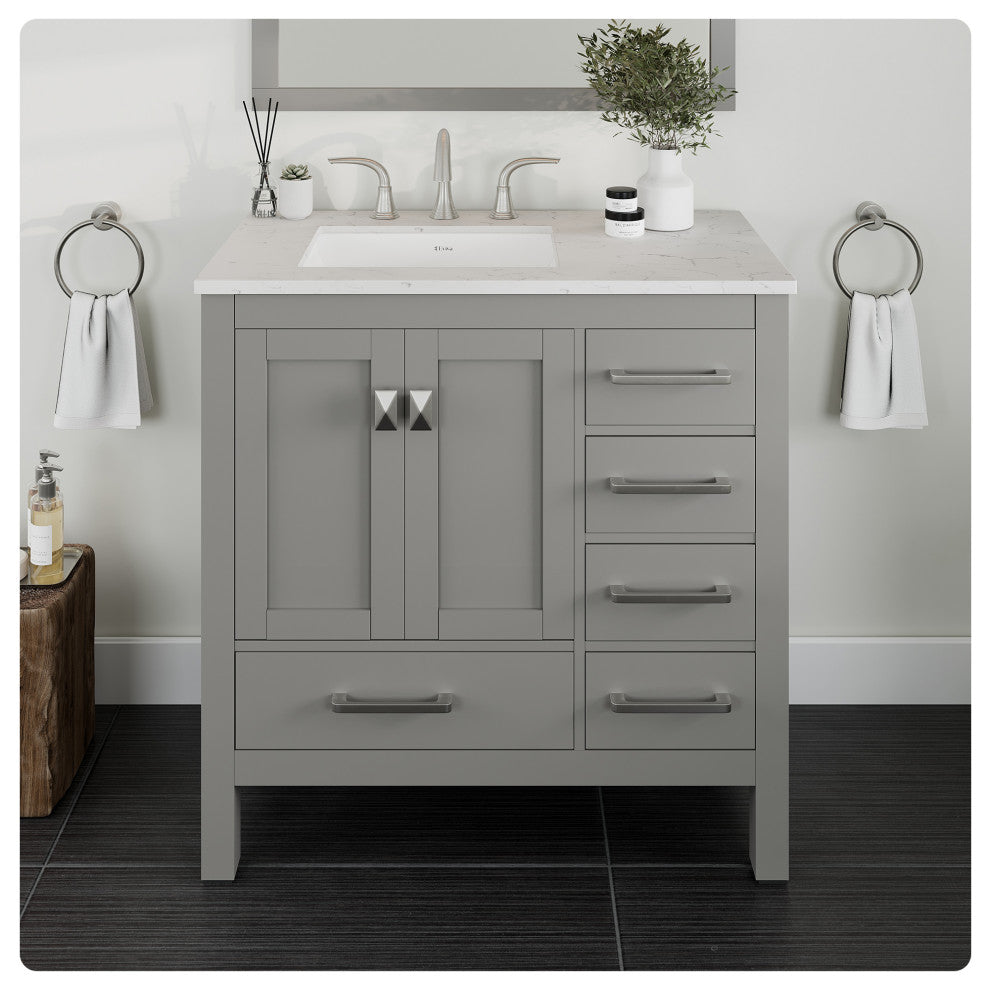 Eviva Aberdeen 36" Transitional Gray Vanity White Carrera Top and Square Sink